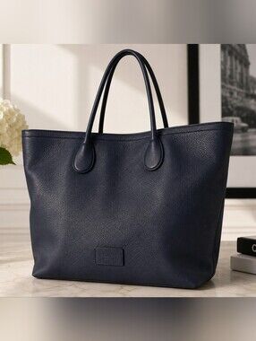 Coach Navy Pebbled Leather Market Tote Carryall Shoulder Bag Large Zip Top